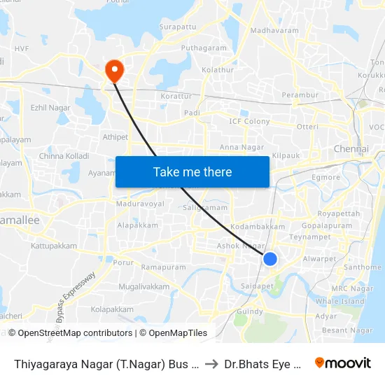 Thiyagaraya Nagar (T.Nagar) Bus Depot Corner to Dr.Bhats Eye Hospital map