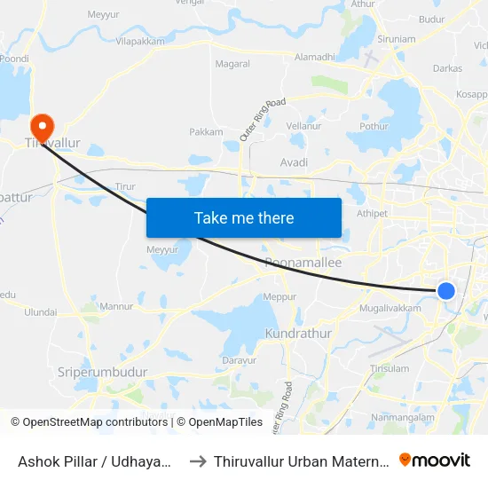 Ashok Pillar / Udhayam Theatre to Thiruvallur Urban Maternity Centre map