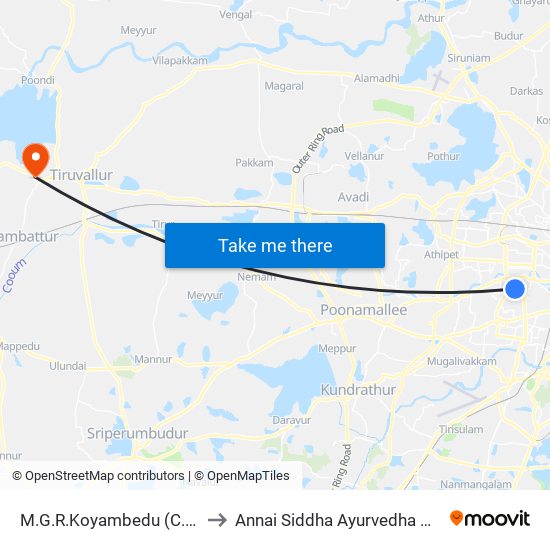 M.G.R.Koyambedu (C.M.B.T.) to Annai Siddha Ayurvedha Hospital map