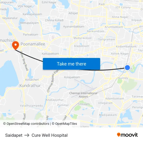 Saidapet to Cure Well Hospital map
