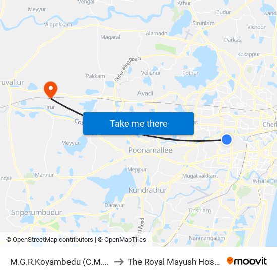 M.G.R.Koyambedu (C.M.B.T.) to The Royal Mayush Hospital map