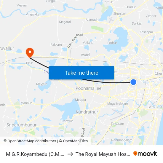 M.G.R.Koyambedu (C.M.B.T.) to The Royal Mayush Hospital map