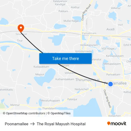 Poonamallee to The Royal Mayush Hospital map