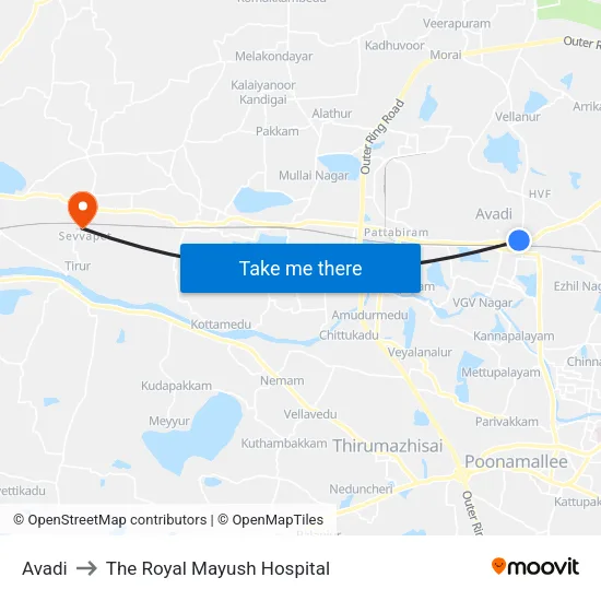 Avadi to The Royal Mayush Hospital map