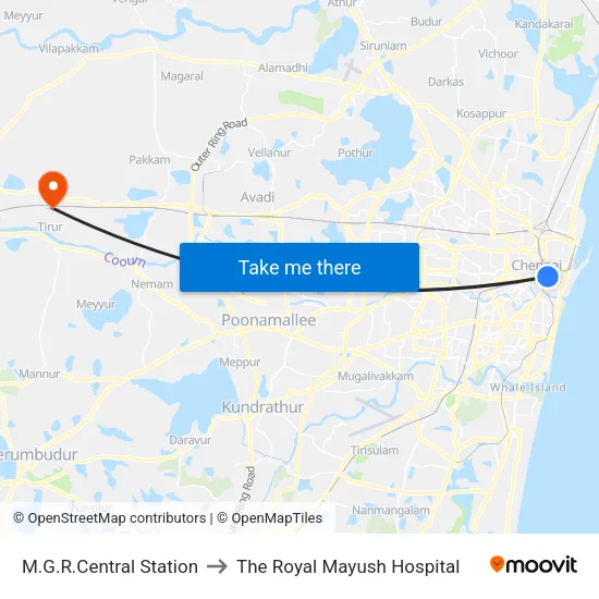 M.G.R.Central Station to The Royal Mayush Hospital map