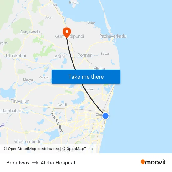 Broadway to Alpha Hospital map