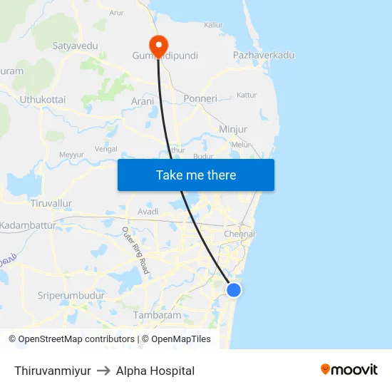 Thiruvanmiyur to Alpha Hospital map