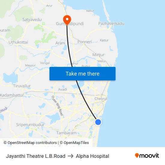Jayanthi Theatre L.B.Road to Alpha Hospital map