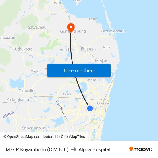 M.G.R.Koyambedu (C.M.B.T.) to Alpha Hospital map