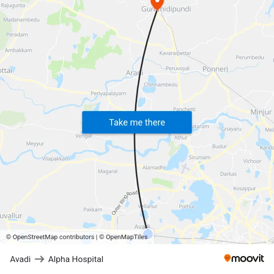 Avadi to Alpha Hospital map