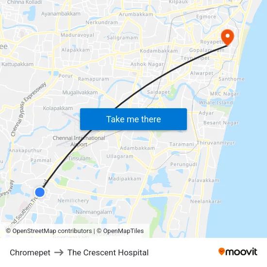 Chromepet to The Crescent Hospital map