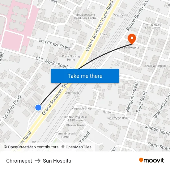 Chromepet to Sun Hospital map
