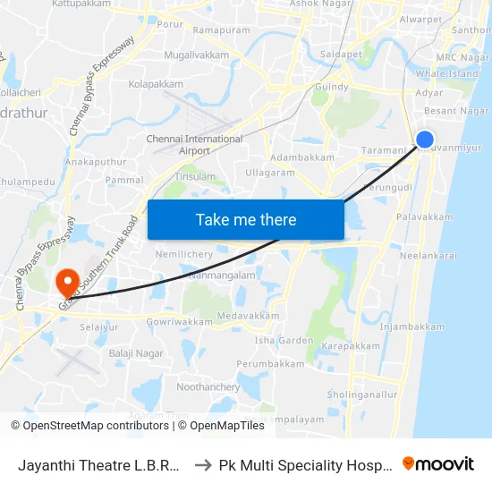 Jayanthi Theatre L.B.Road to Pk Multi Speciality Hospital map