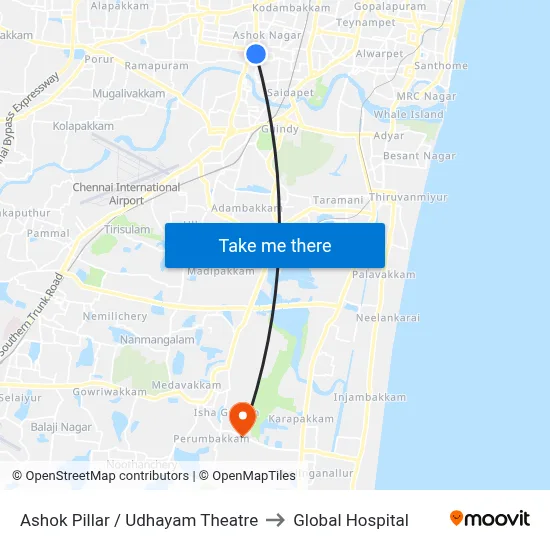 Ashok Pillar / Udhayam Theatre to Global Hospital map