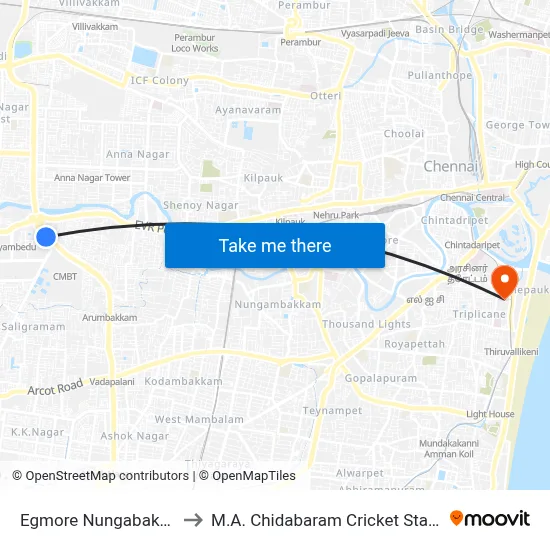 Egmore Nungabakkam to M.A. Chidabaram Cricket Stadium map