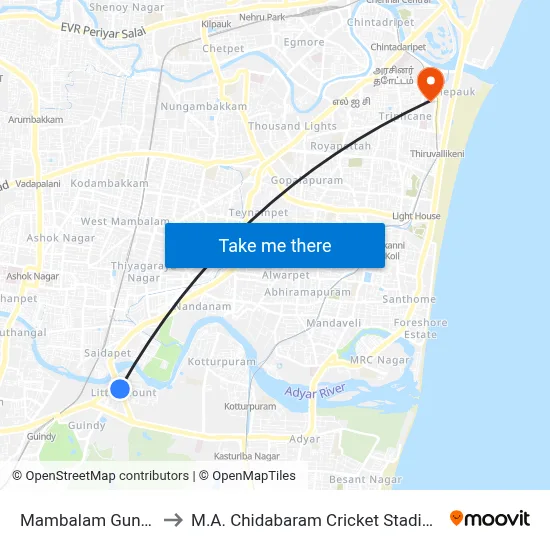 Mambalam Gundy to M.A. Chidabaram Cricket Stadium map