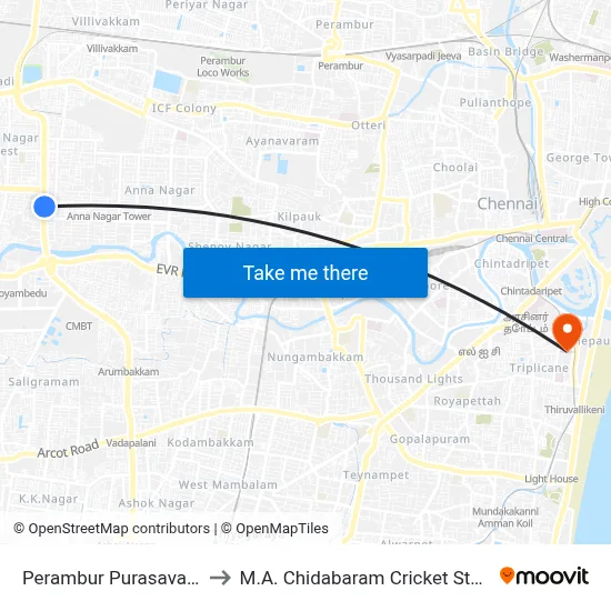 Perambur Purasavakam to M.A. Chidabaram Cricket Stadium map