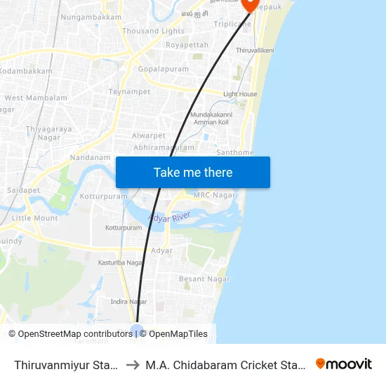 Thiruvanmiyur Station to M.A. Chidabaram Cricket Stadium map