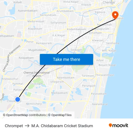 Chrompet to M.A. Chidabaram Cricket Stadium map