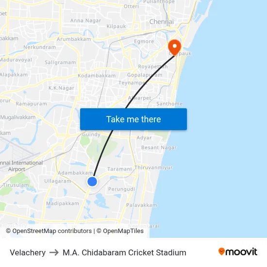 Velachery to M.A. Chidabaram Cricket Stadium map