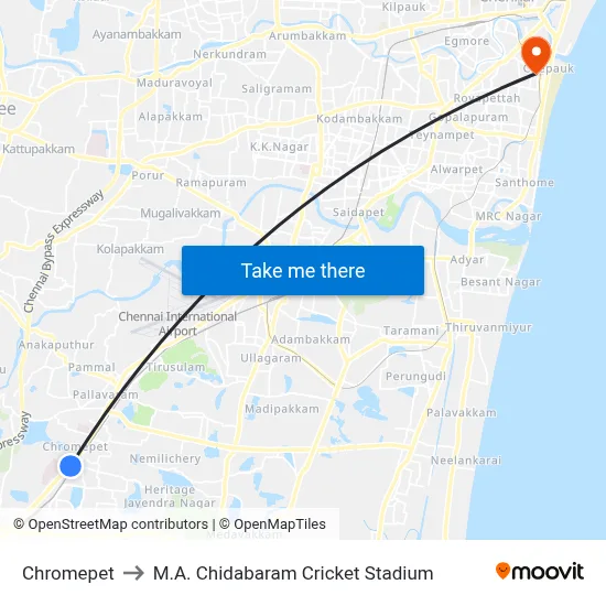Chromepet to M.A. Chidabaram Cricket Stadium map