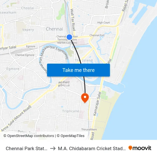 Chennai Park Station to M.A. Chidabaram Cricket Stadium map