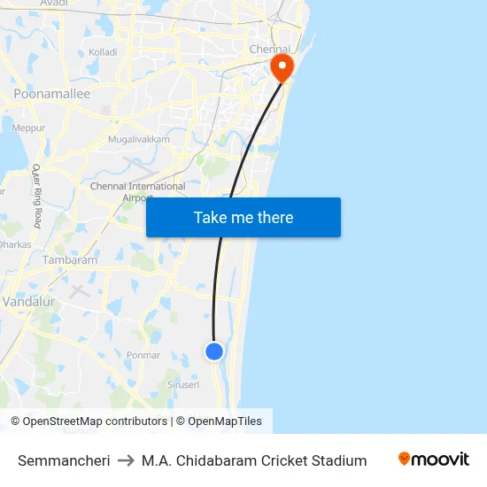 Semmancheri to M.A. Chidabaram Cricket Stadium map