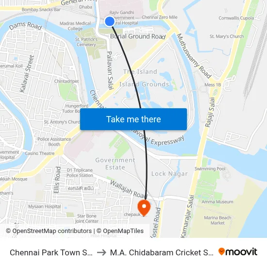 Chennai Park Town Station to M.A. Chidabaram Cricket Stadium map