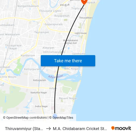 Thiruvanmiyur (Station) to M.A. Chidabaram Cricket Stadium map