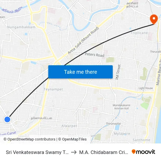 Sri Venkateswara Swamy Temple, T. Nagar to M.A. Chidabaram Cricket Stadium map
