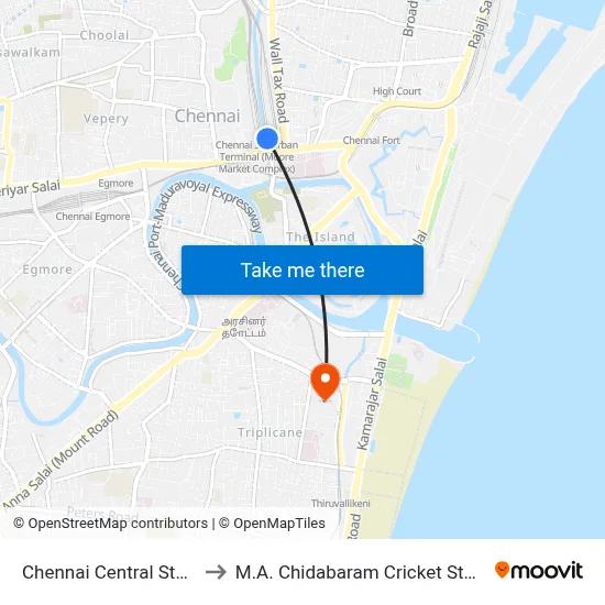 Chennai Central Station to M.A. Chidabaram Cricket Stadium map