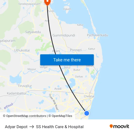 Adyar Depot to SS Health Care & Hospital map