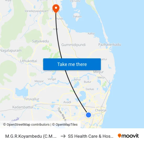 M.G.R.Koyambedu (C.M.B.T.) to SS Health Care & Hospital map