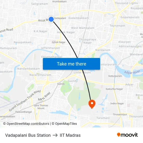 Vadapalani Bus Station to IIT Madras map
