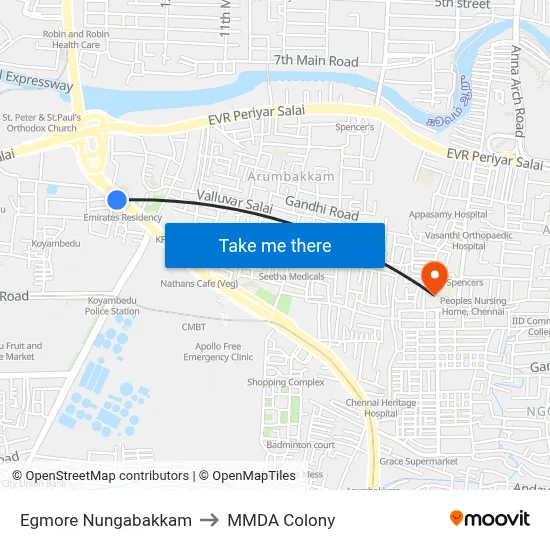 Egmore Nungabakkam to MMDA Colony map