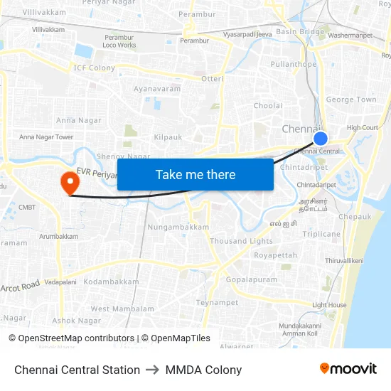 Chennai Central Station to MMDA Colony map