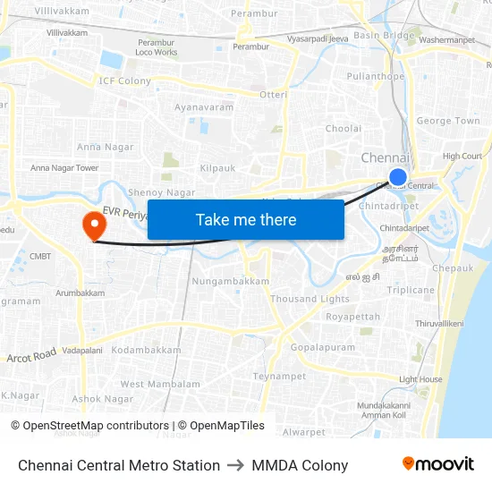 Chennai Central Metro Station to MMDA Colony map