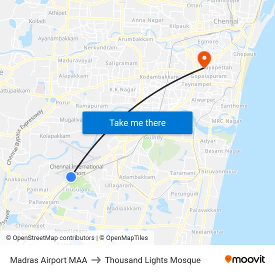 Madras Airport MAA to Thousand Lights Mosque map