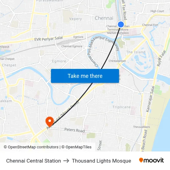 Chennai Central Station to Thousand Lights Mosque map