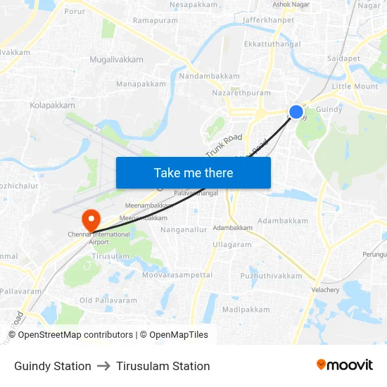 Guindy Station to Tirusulam Station map