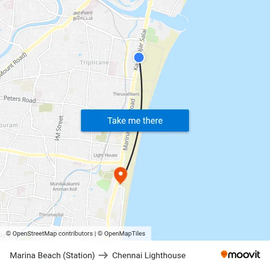 Marina Beach (Station) to Chennai Lighthouse map