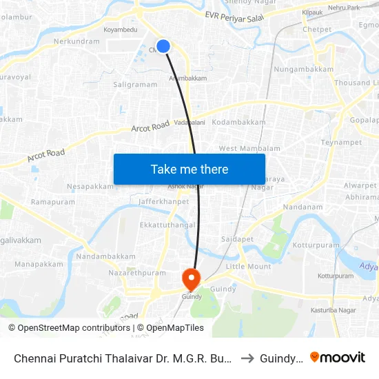 Chennai Puratchi Thalaivar Dr. M.G.R. Bus Terminus (CMBT Koyambedu) to Guindy Station map