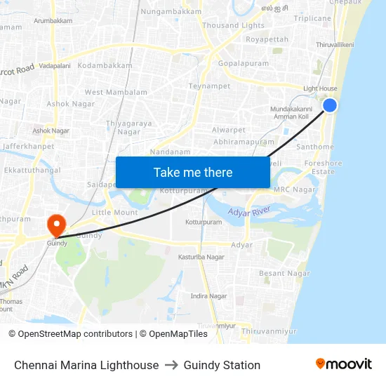 Chennai Marina Lighthouse to Guindy Station map