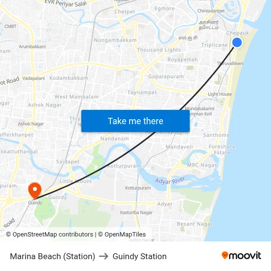Marina Beach (Station) to Guindy Station map