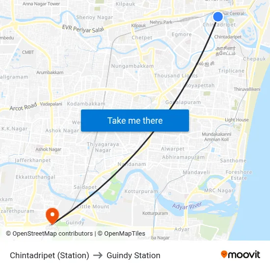 Chintadripet (Station) to Guindy Station map
