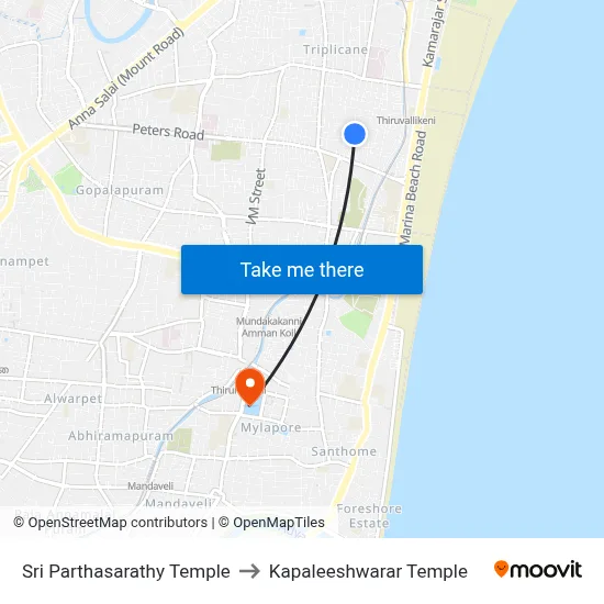 Sri Parthasarathy Temple to Kapaleeshwarar Temple map