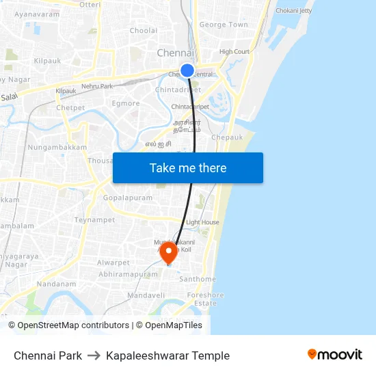 Chennai Park to Kapaleeshwarar Temple map