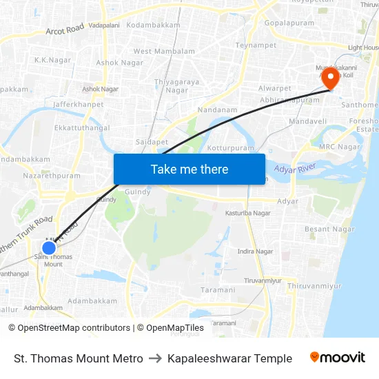 St. Thomas Mount Metro to Kapaleeshwarar Temple map