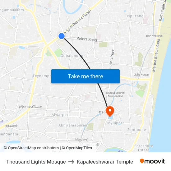 Thousand Lights Mosque to Kapaleeshwarar Temple map