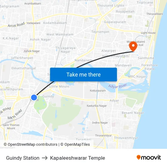 Guindy Station to Kapaleeshwarar Temple map